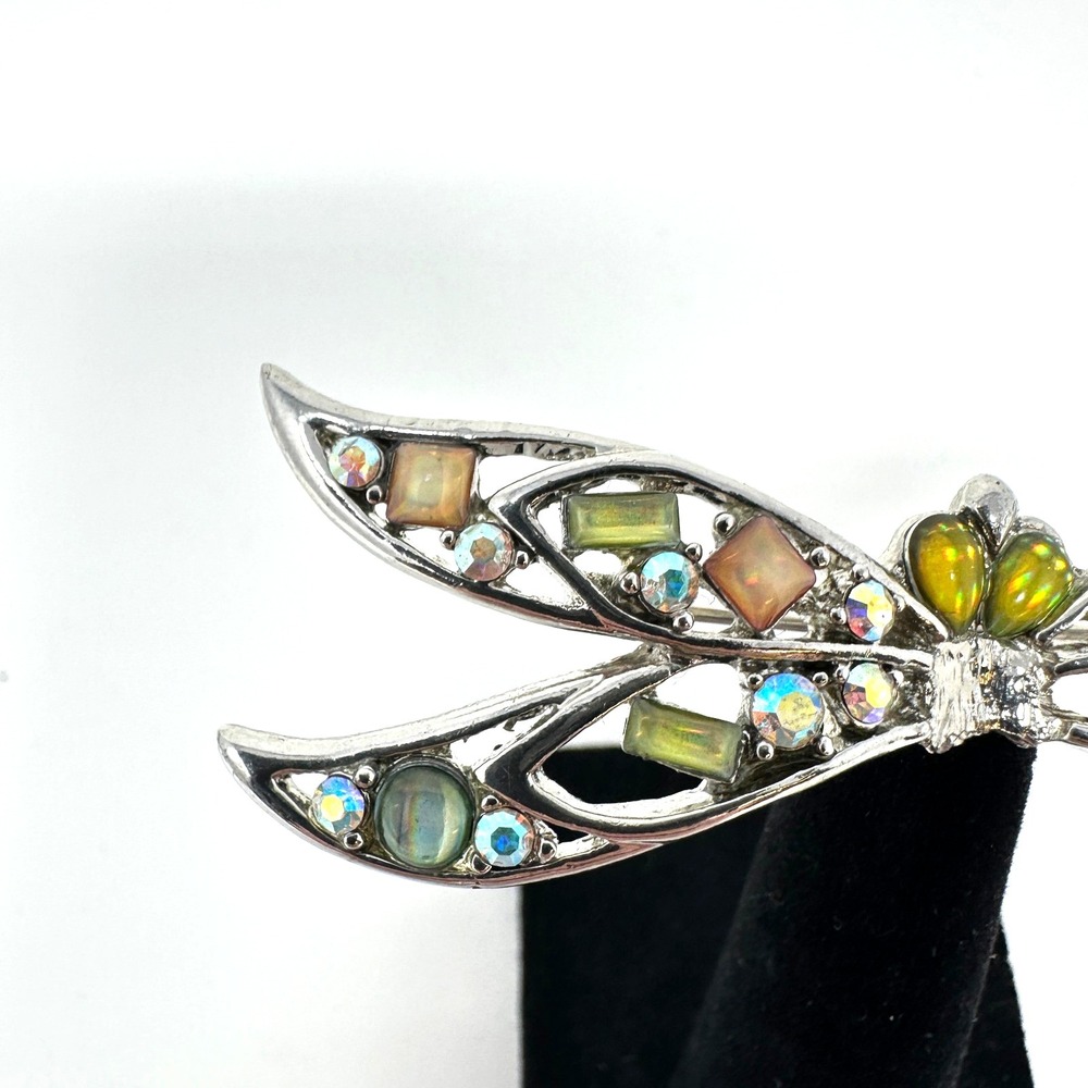 Vintage Dragonfly Brooch Aurora Borealis Rhinestone Art Glass Silver Tone - Picture 2 of 10